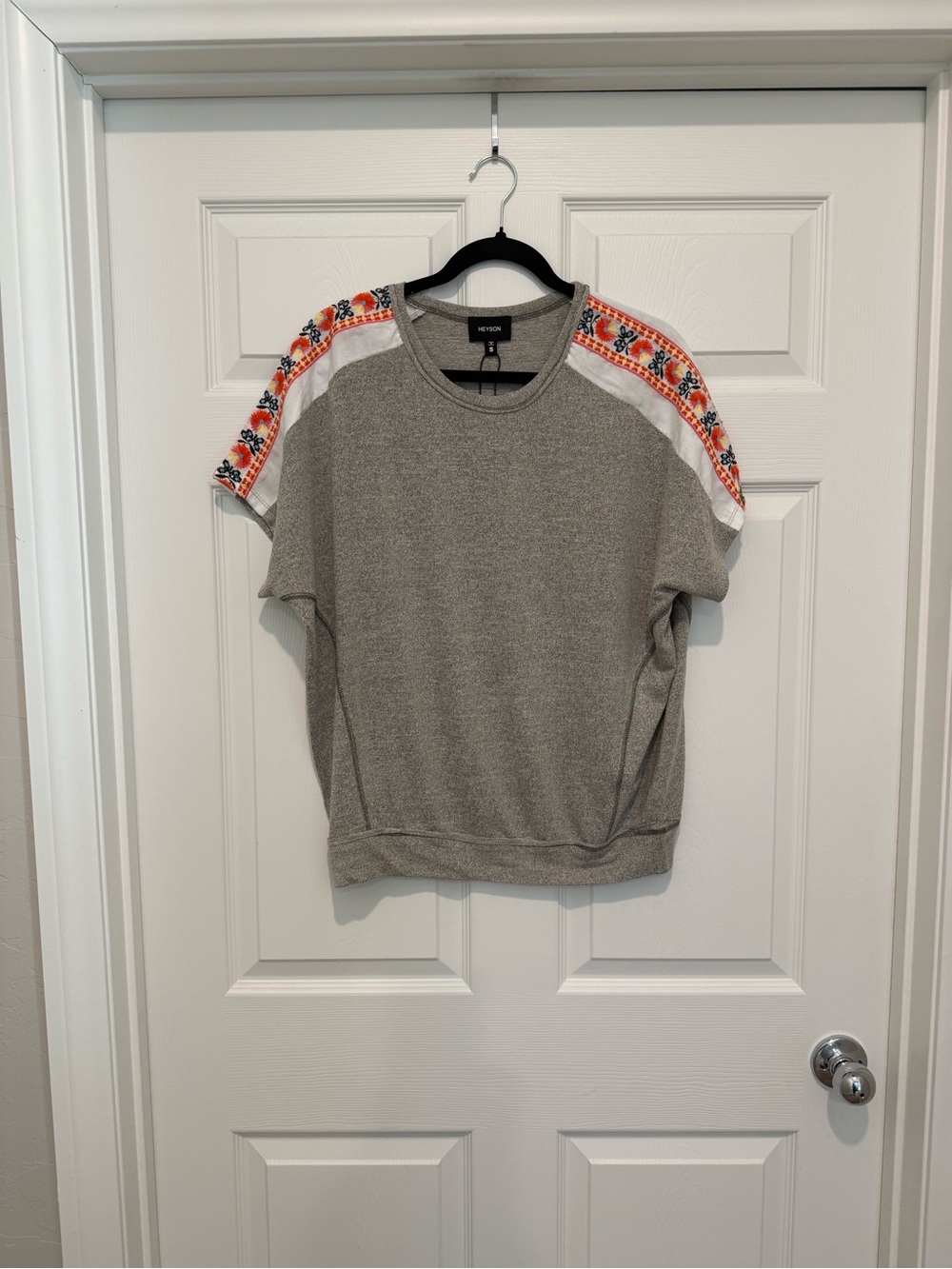 HEYSON Grey Short Sleeve Top with Embroidered Orange Floral Shoulder Trim